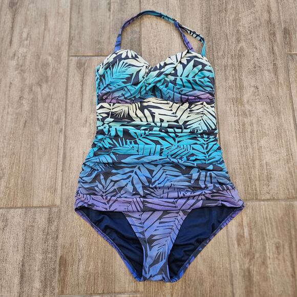 Bleu Rod Beattie Twist Bandeau One-piece Halter Hawaiian Leaf Swimsuit Size 6 - Picture 2 of 14